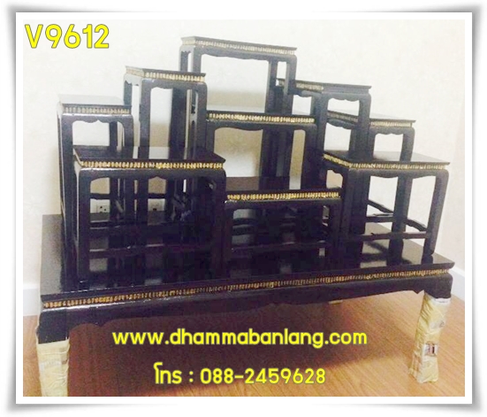 โต๊ะหมู่บูชา หมู่ 9 หน้า 6 แกะคอปิดทอง ไม้ทุเรียน ขาตรง สีโอ๊ค