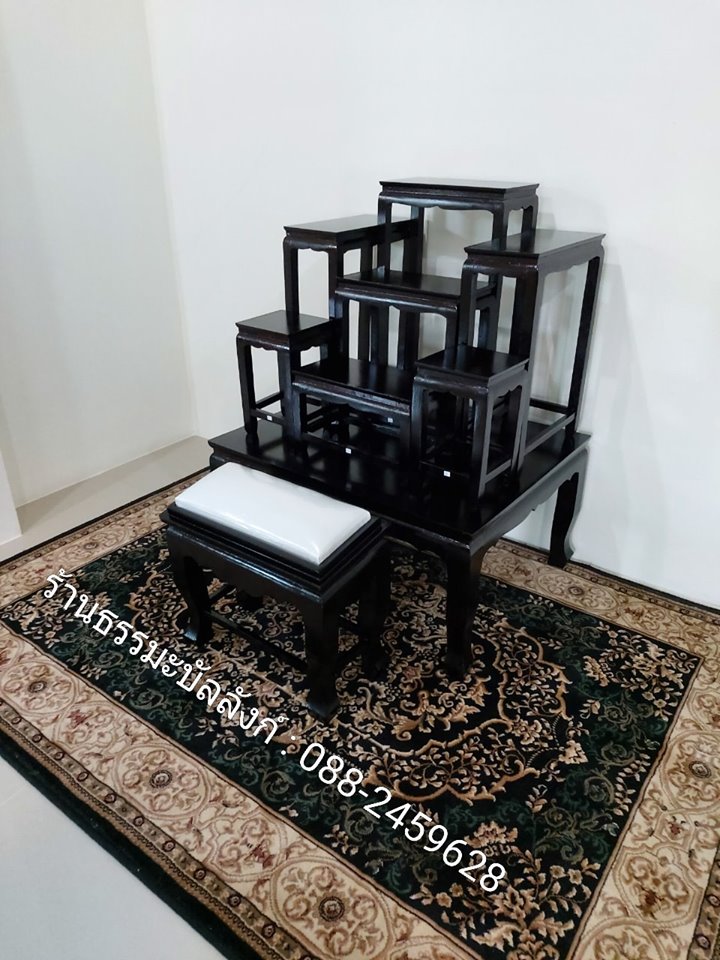 โต๊ะหมู่บูชา หมู่ 7 หน้า 6 แบบเรียบ ไม้ทุเรียน ขาตรง สีโอ๊ค (คลิ๊กดูขนาด)