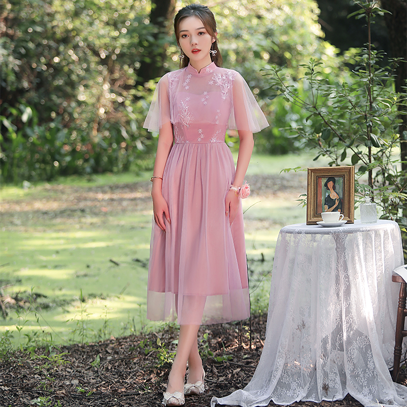 ชุดราตรีออกงานคลุมเข่า ทรงคอจีนคลุมไหล่