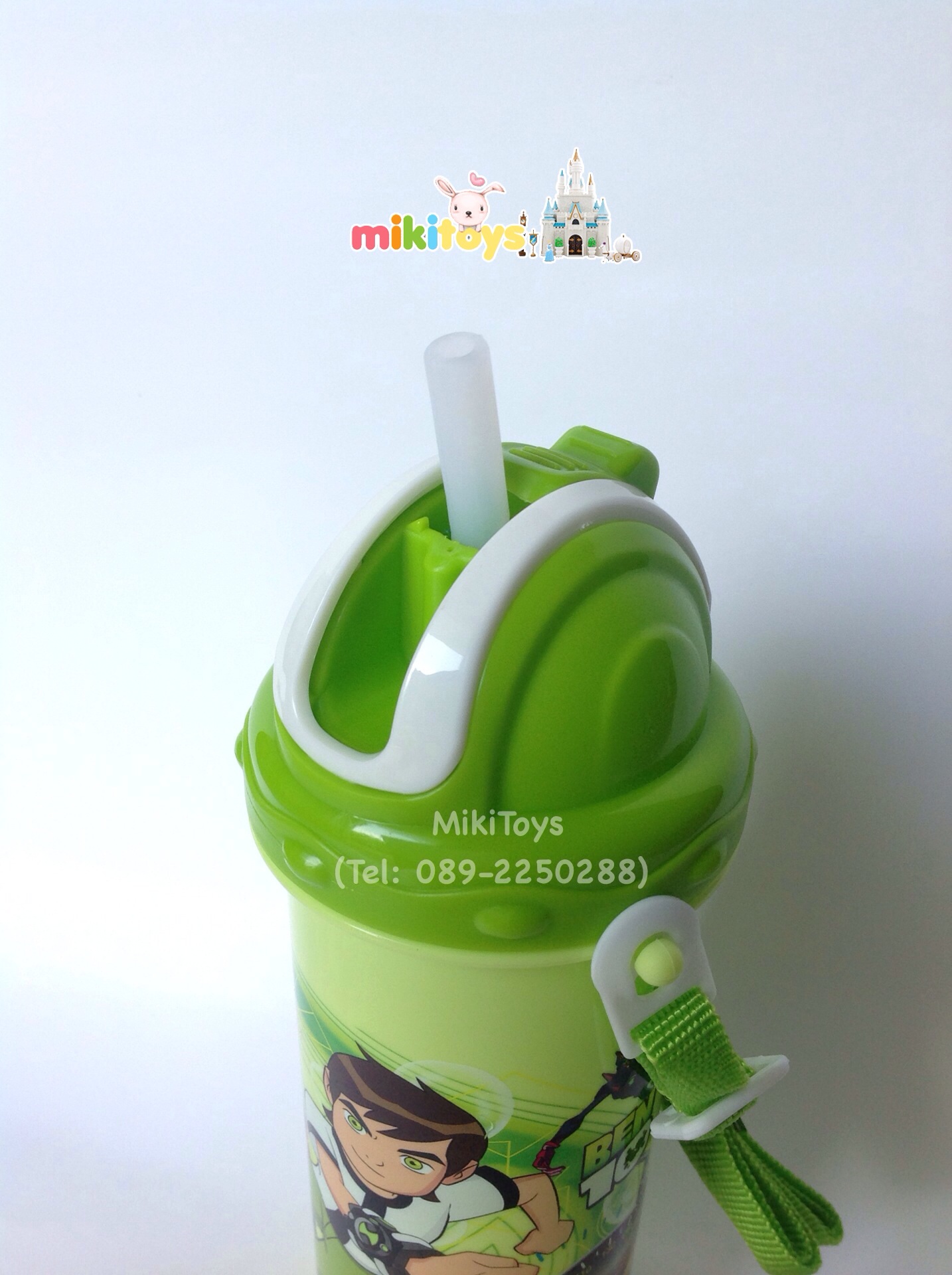 กระติกน้ำเบนเทน Ben10 สีเขียว สกรีนลายเบนเทนเท่ๆ รุ่นฝาเลื่อน หลอดในตัว มีสายสะพาย พกพาสะดวก ถอดสายได้