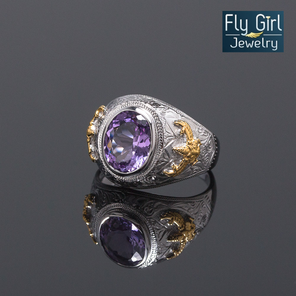 แหวนครุฑเงินแท้ พลอยอเมทิสต์แท้ เสริมดวงราศีกุมภ์ เสริมตำแหน่ง