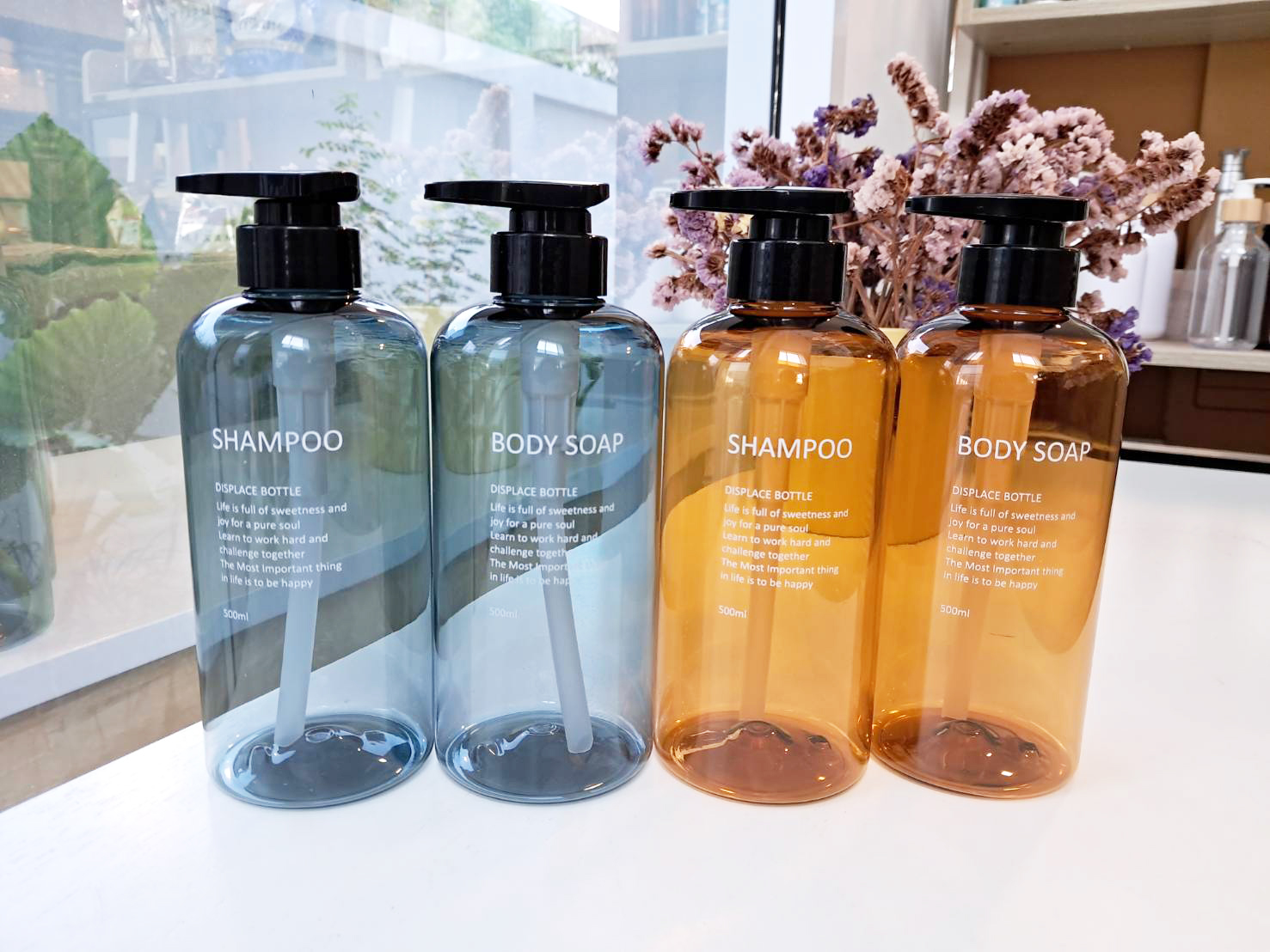 ขวด Refill หัวปั๊มสำหรับใช้ในห้องน้ำ แพ็คคู่ Body Soap - Shampoo ขนาด 300/500 ml.