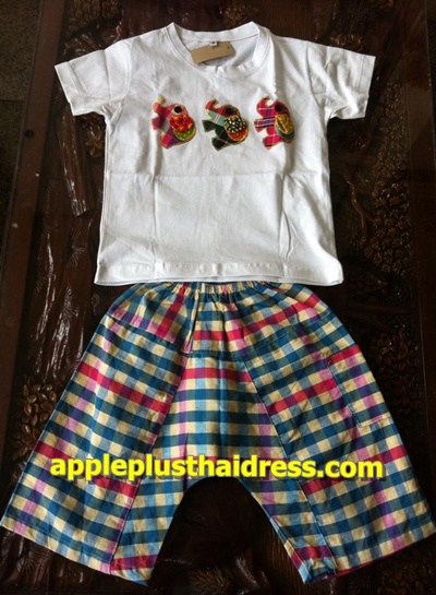 T98 เสื้อลายช้าง+กางเกงผ้าไทย ขา4ส่วน
