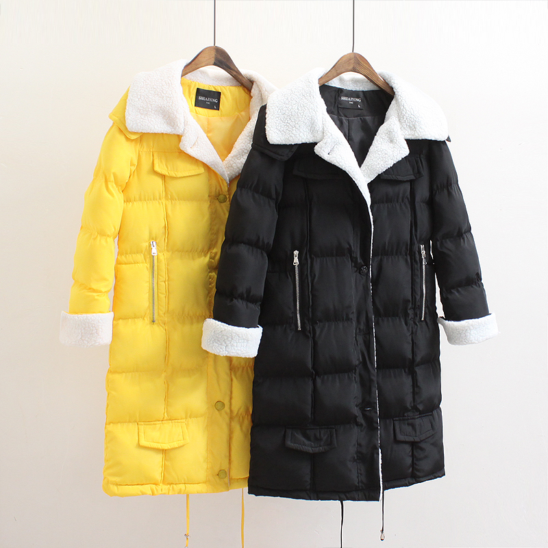 PreOrderคนอ้วน - เสื้อกันหนาวแฟชั่น ตัวยาว ผ้าร่ม บุนวม และขนสัตว์คอ ข้อมือ กระดุม Hood ถอดได้ สี : เหลือง / ดำ