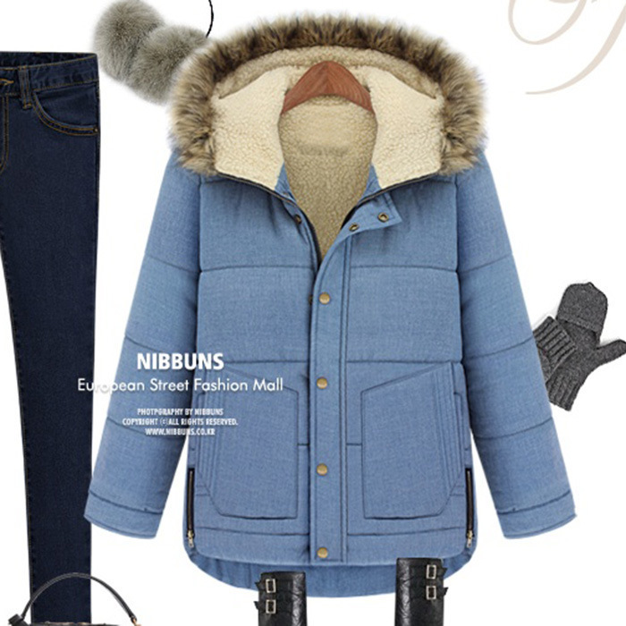 PreOrderคนอ้วน - เสื้อกันหนาวแฟชั่น ไซส์ใหญ่ คนอ้วน แจ๊คเก็ตผ้าฝ้าย ข้างในเป็นขนแกะ มีHood พร้อมขนเฟอ สีฟ้า