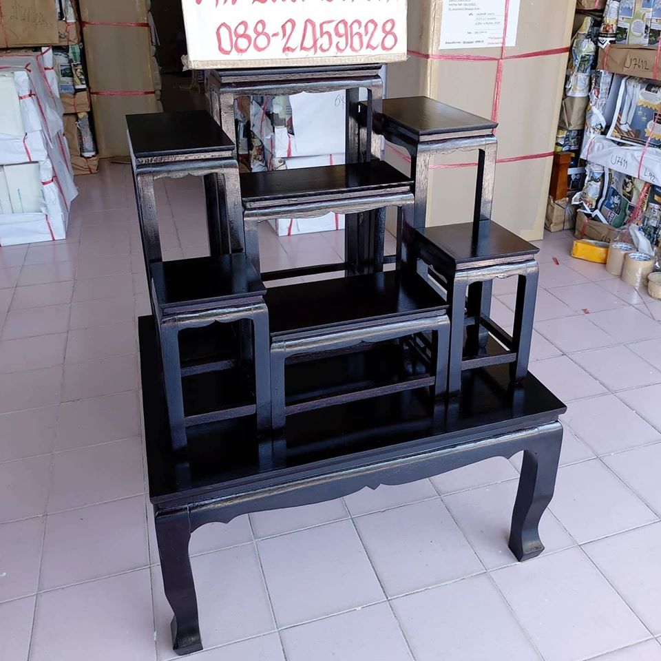 โต๊ะหมู่บูชา หมู่ 7 หน้า 6 แบบเรียบ ไม้ทุเรียน ขาตรง สีโอ๊ค (คลิ๊กดูขนาด)