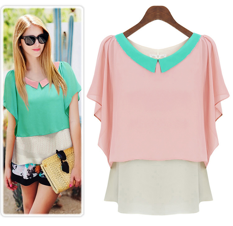 ##พร้อมส่ง## เสื้อแฟชั่นไซส์ใหญ่ ผ้าชีฟอง คอปก เป็นผ้าสองชั้น ทรงค้างคาว สีชมพู