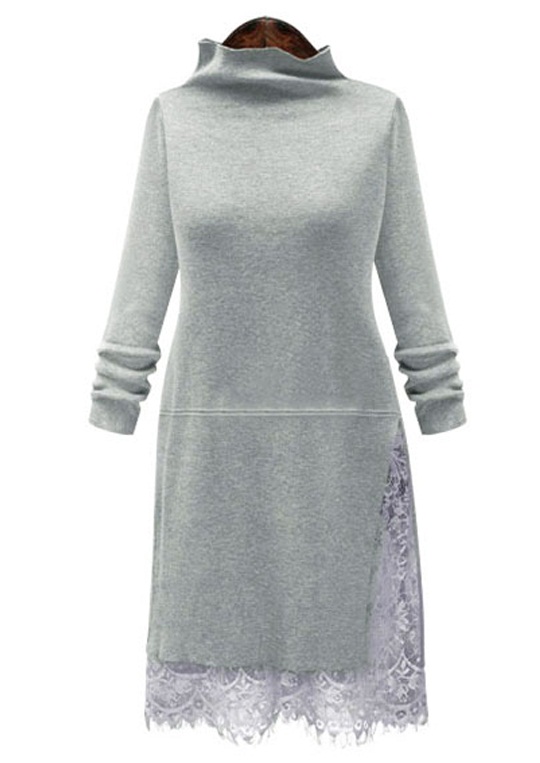 PreOrderคนอ้วน - เสื้อไหมพรมกันหนาวไซส์ใหญ่ เสื้อไหมพรมเป็นเดรสยาว เย็บผ้าลูกไม้ด้านล่าง สีเทา