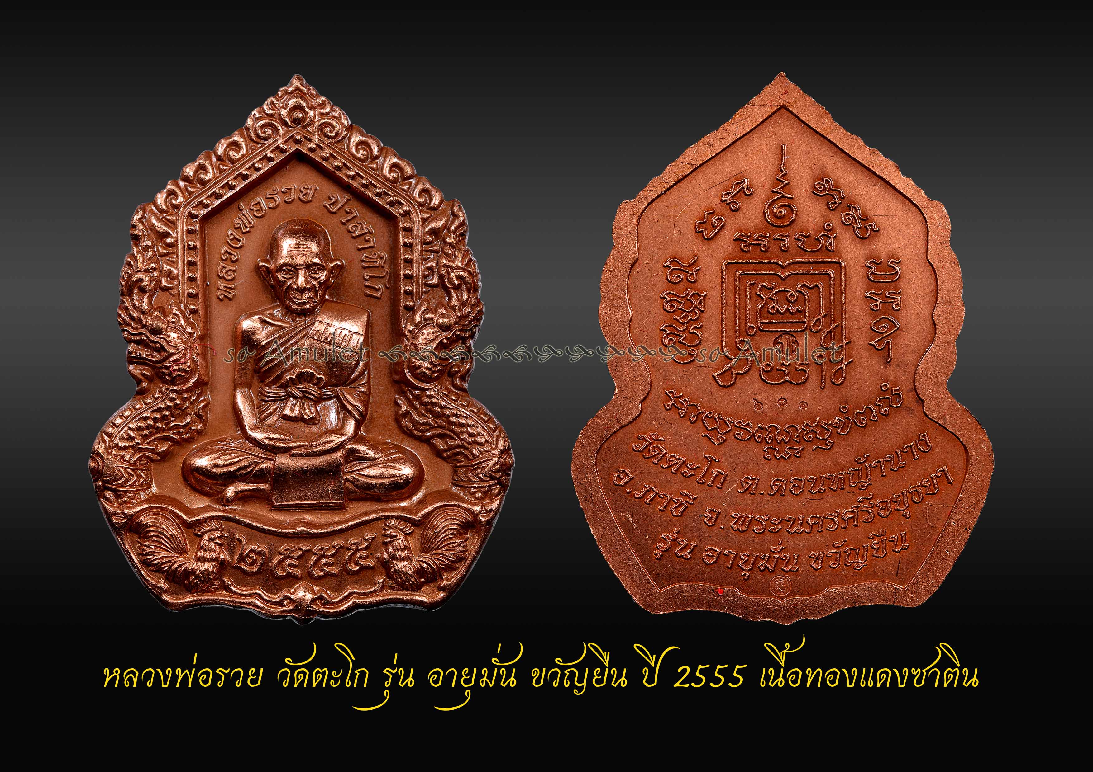หลวงพ่อรวย วัดตะโก รุ่น อายุมั่น ขวัญยืน ปี 2555 เนื้อทองแดงซาติน