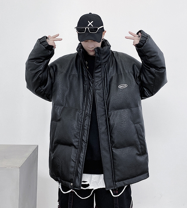 COM-003 เสื้อกันหนาวผู้ชาย หนังPU โอเวอร์ไซส์ เล็กใหญ่ใส่ได้ สีดำ