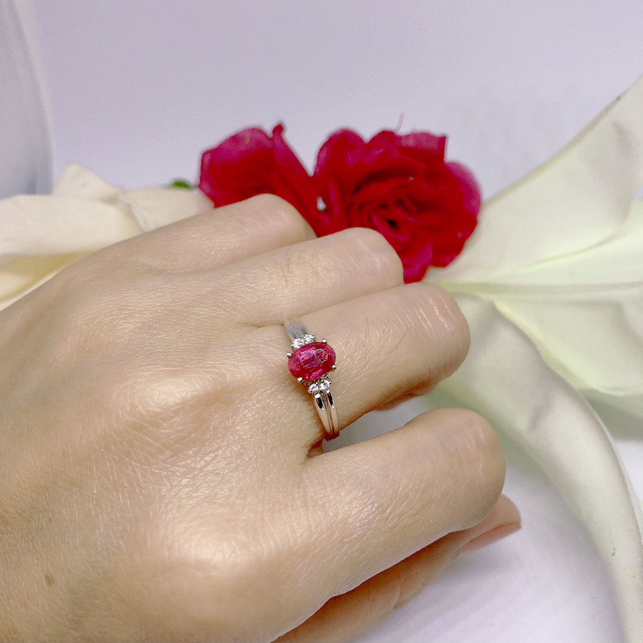 แหวนเงินแท้ พลอยทับทิมแท้ เพชรแท้(ราศีกรกฎ)