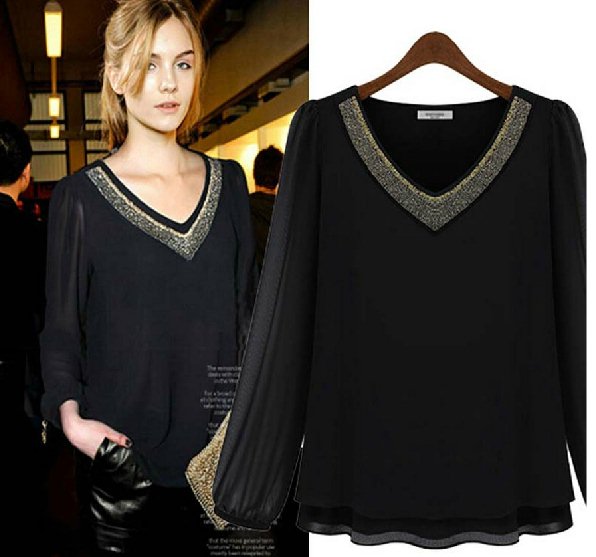 ##พร้อมส่ง## เสื้อแฟชั่นเกาหลีไซส์ใหญ่ คนอ้วน คอวี ผ้าชีฟอง ปักหมุดตรงคอสองสี เงิน-ทอง สีดำ