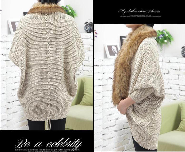 PreOrderไซส์ใหญ่ - เสื้อคลุมกันหนาวแฟชั่น ไซส์ใหญ่ คนอ้วน เสื้อไหมพรมทรงค้างคาว ติดขนสัตว์เหมือนผ้าพันคอ สีเบจ / ดำ