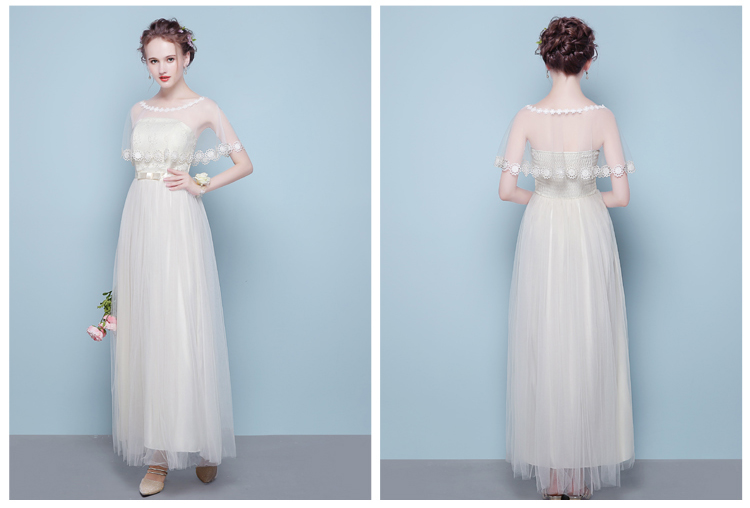 เดรสราตรียาวออกงานงานสีครีม + ผ้าคลุมซีทรู ผ้าคลุมปักดอกไม้เหมือนแบบ