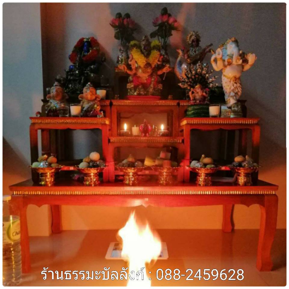 โต๊ะหมู่บูชา หมู่ 9 หน้า 6 แกะคอปิดทอง ไม้ทุเรียน ขาตรง สีเหลืองทอง