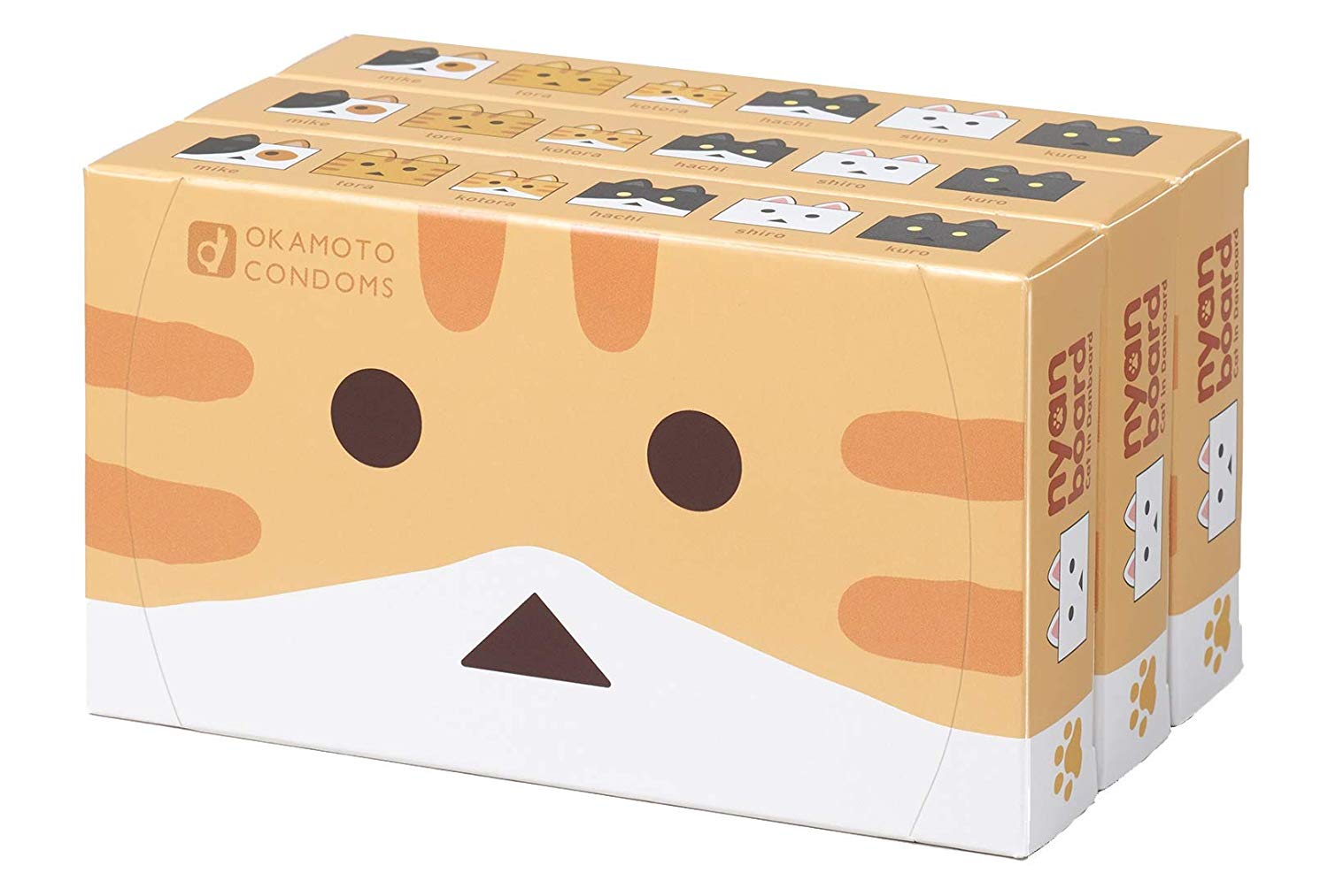 Okamoto Condom nyanboard โอกาโมโต้ ถุงยางอนามัยลายแมวกระดาษลัง บรรจุ 12 ชิ้น