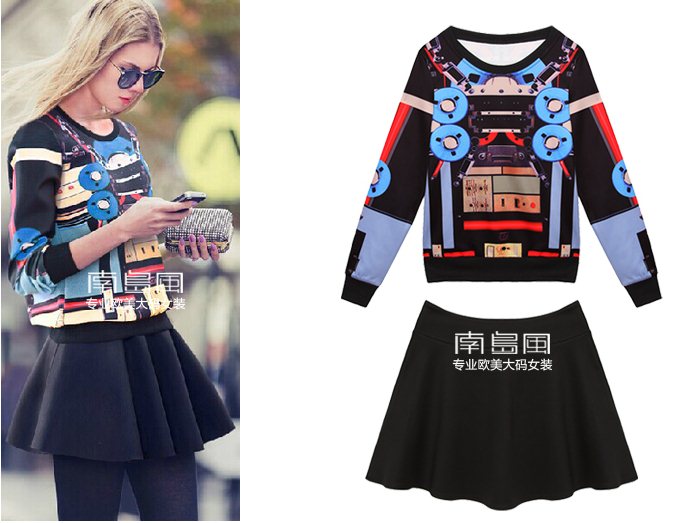 PreOrderคนอ้วน - เซตคู่กันหนาวแฟชั่น ไซส์ใหญ่ คนอ้วน เสื้อยืดคอกลม ผ้าโพลิเอสเตอร์พิมพืลาย + กระโปรงสั้นสีดำ
