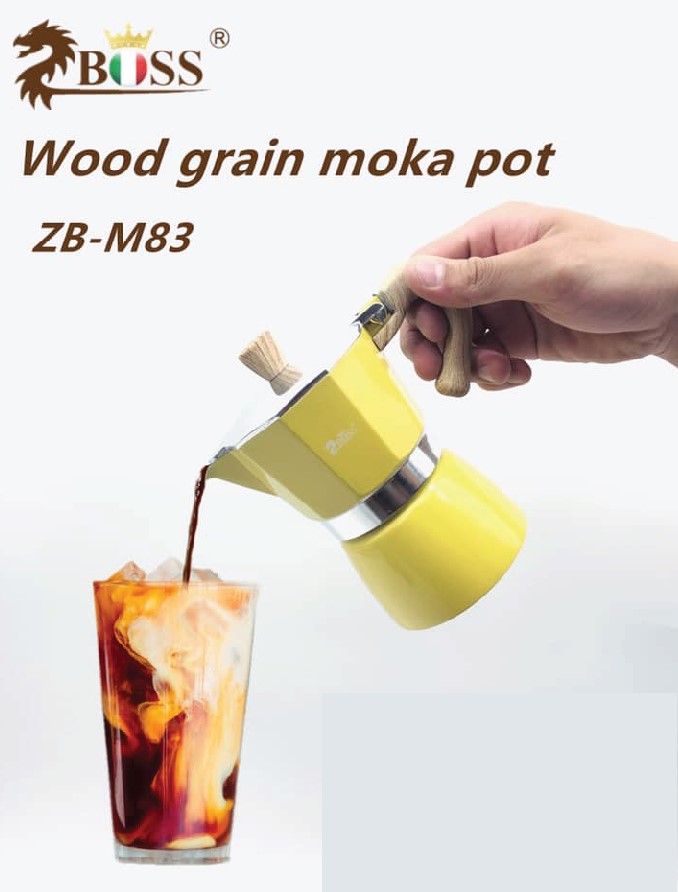 หม้อชงกาแฟ moka pot มอคค่าพอท 3 คัพ 3 Cup 150ml สีเหลือง ZB-M83 ด้ามจับไม้ รหัส 2269