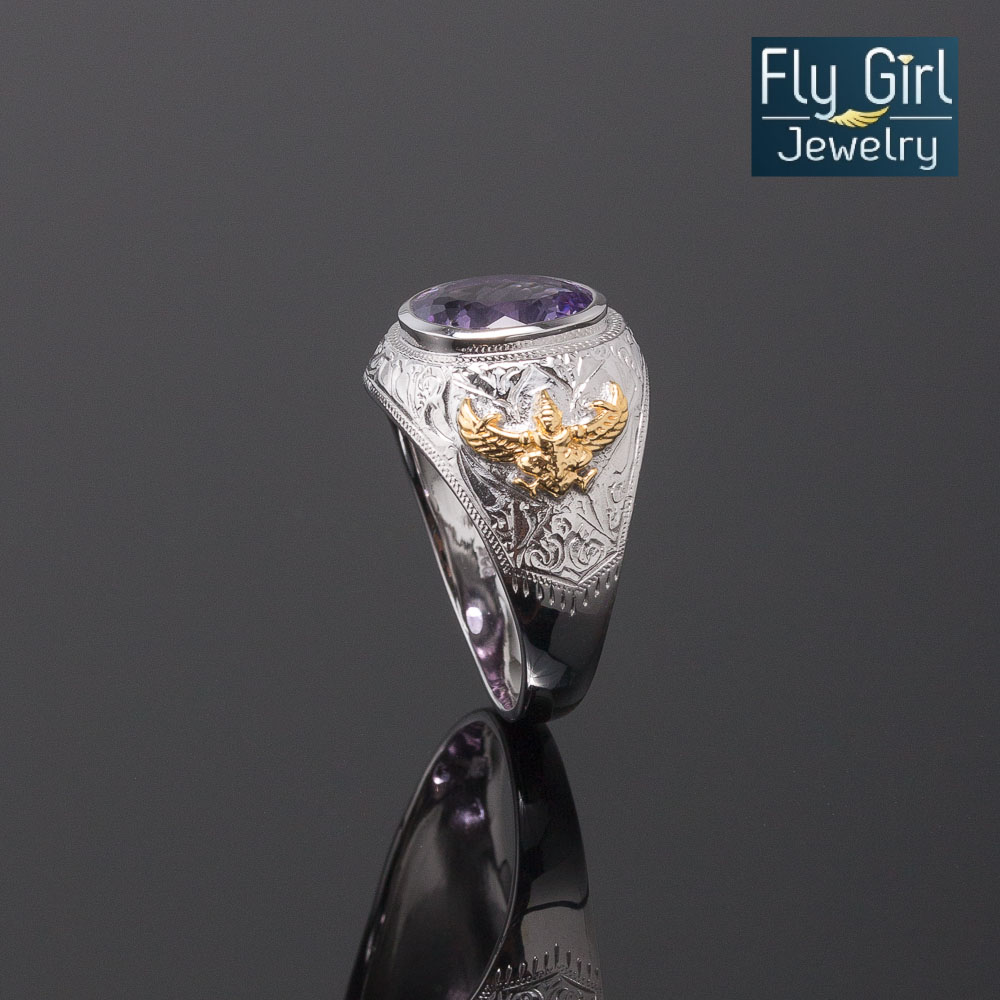 แหวนครุฑเงินแท้ พลอยอเมทิสต์แท้ เสริมดวงราศีกุมภ์ เสริมตำแหน่ง