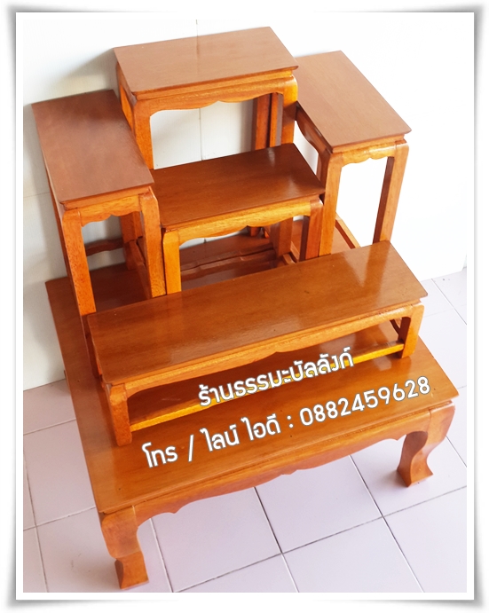โต๊ะหมู่บูชา หมู่ 5 หน้า 5 แบบเรียบ ไม้ทุเรียน ขาตรง สีเหลืองทอง (คลิ๊กดูขนาด)