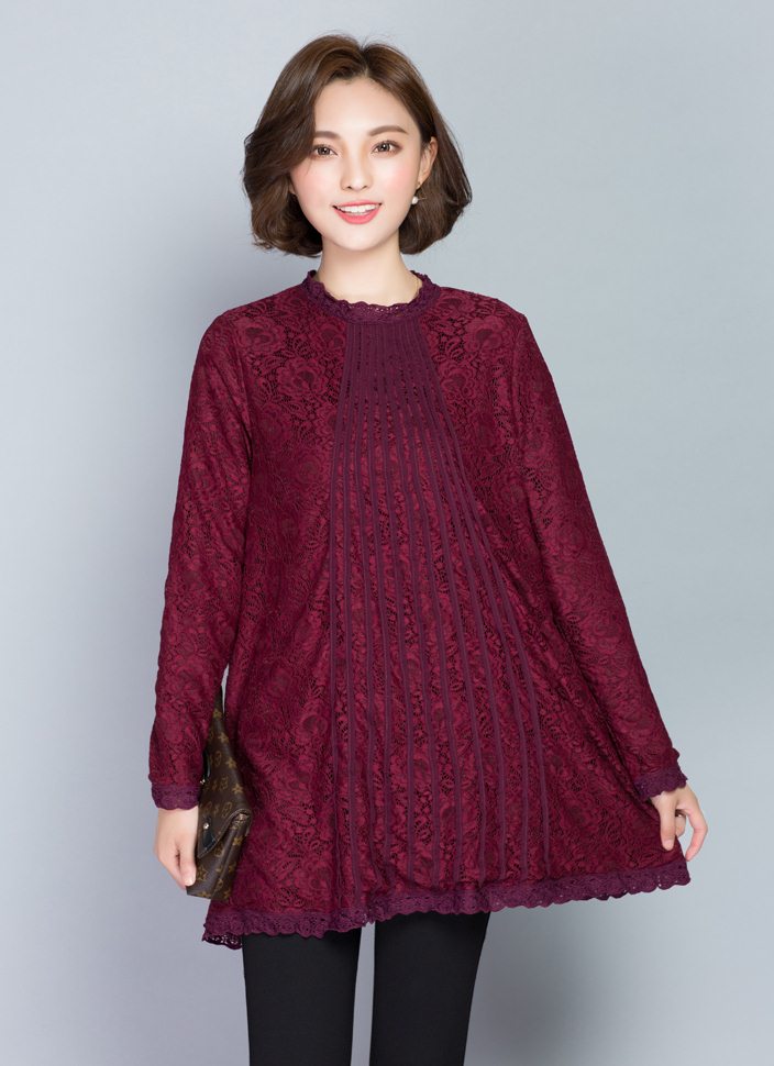 PreOrderคนอ้วน - เสื้อกันหนาวแฟชั่น ผ้าลูกไม้ ด้านในเป็นกำมะหยี่ สี : ดำ / ไวน์แดง