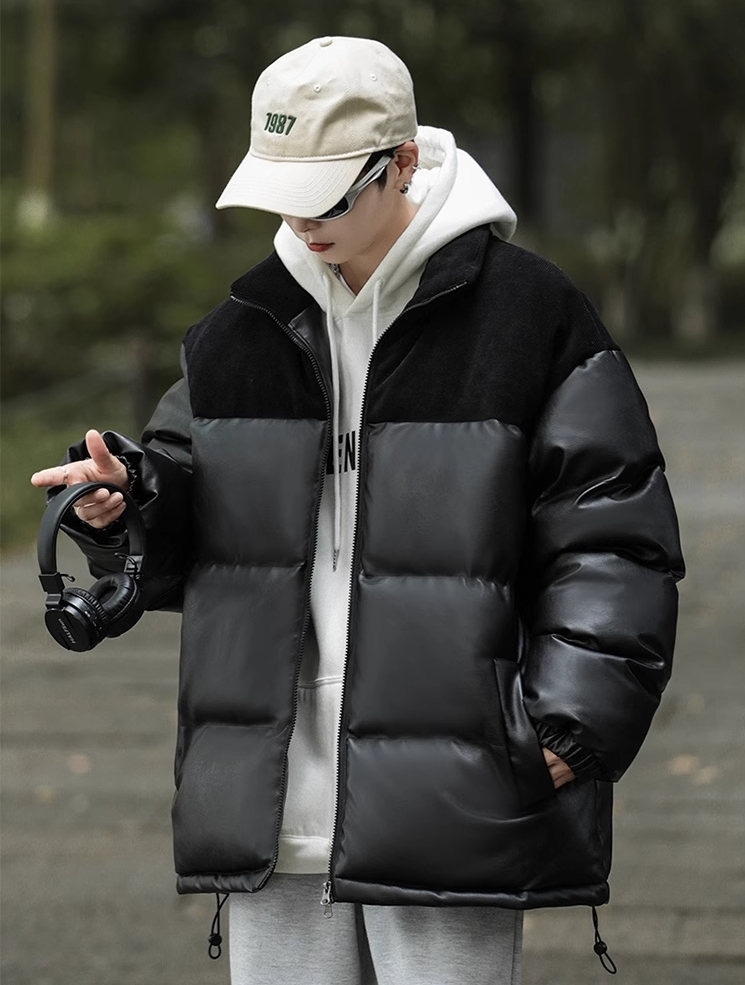 M2324-0013 เสื้อกันหนาวชายไซส์ใหญ่ บุนวม เป็นหนังPU ข้างในบุขน