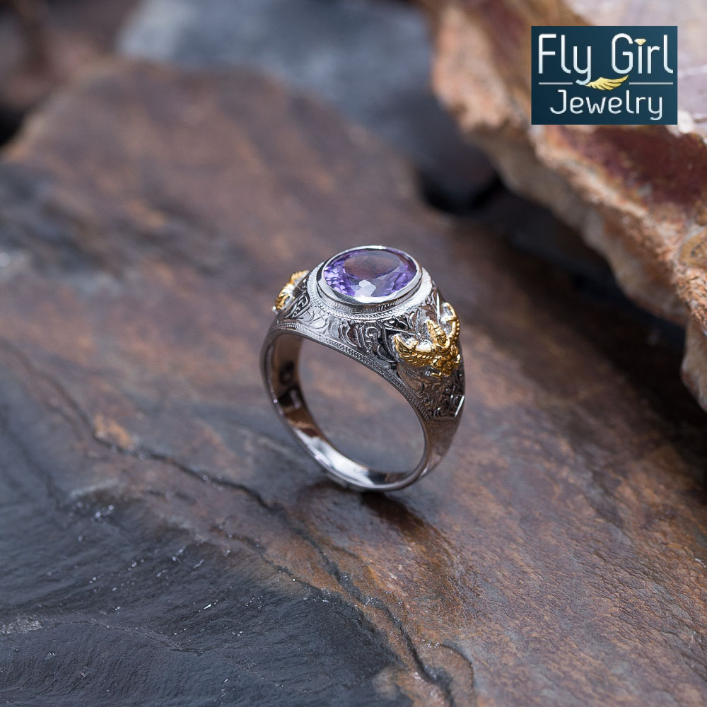 แหวนครุฑเงินแท้ พลอยอเมทิสต์แท้ เสริมดวงราศีกุมภ์ เสริมตำแหน่ง