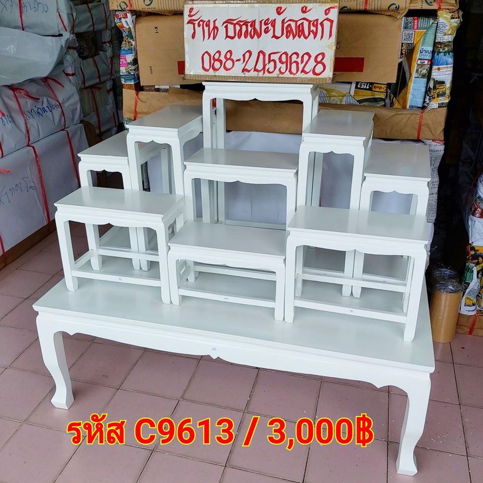 โต๊ะหมู่บูชา หมู่ 9 หน้า 6 แบบเรียบ ไม้ทุเรียน ขาตรง สีขาว (คลิ๊กดูขนาด)