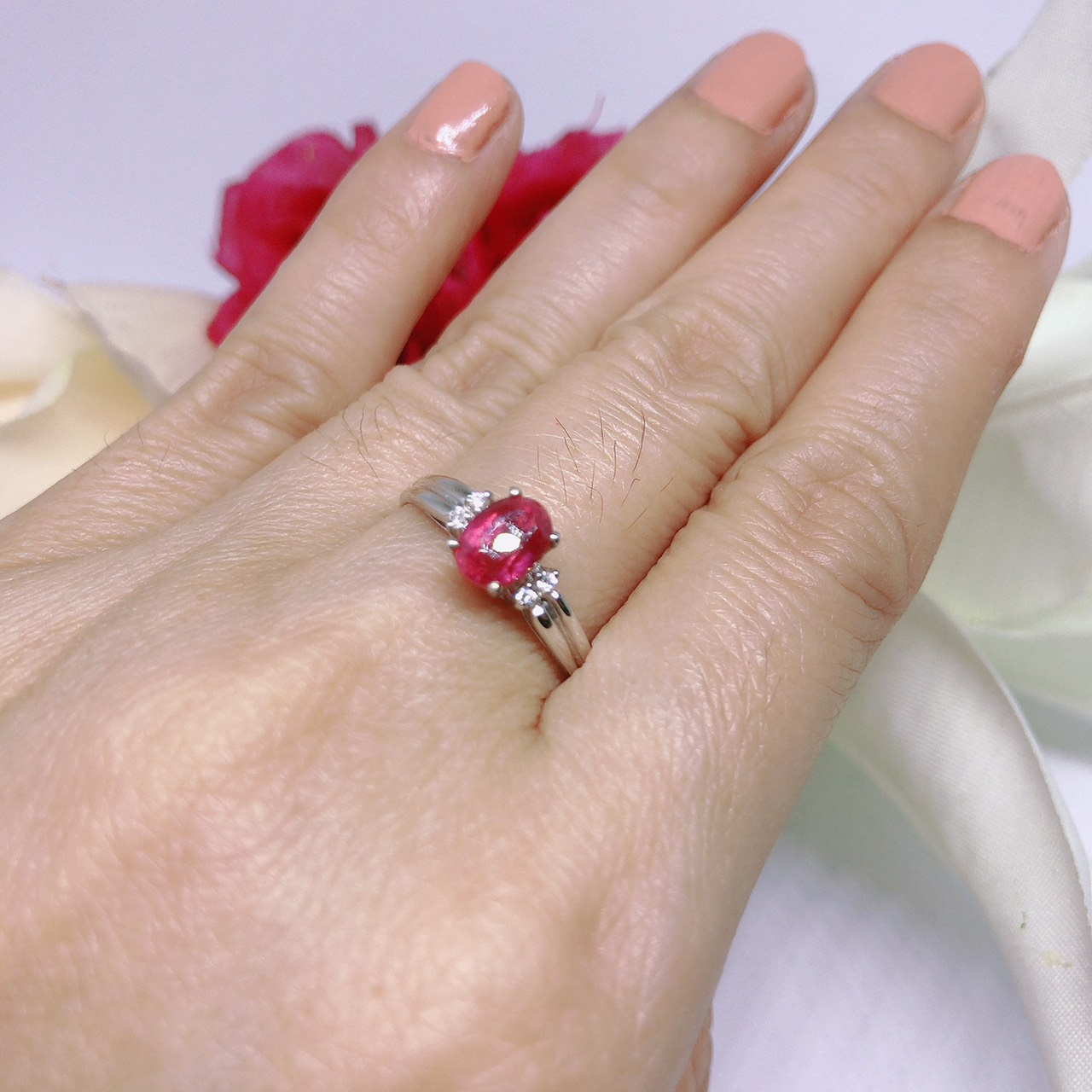 แหวนเงินแท้ พลอยทับทิมแท้ เพชรแท้(ราศีกรกฎ)