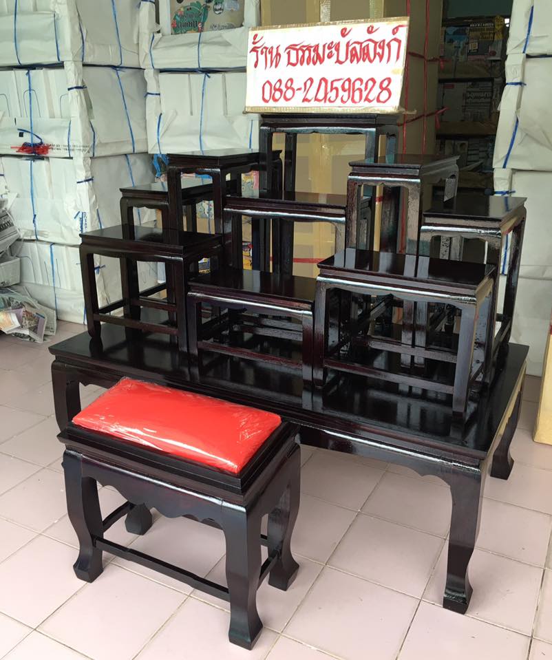 โต๊ะหมู่บูชา หมู่ 9 หน้า 6 แบบเรียบ ไม้ทุเรียน ขาตรง สีโอ๊ค (คลิ๊กดูขนาด)