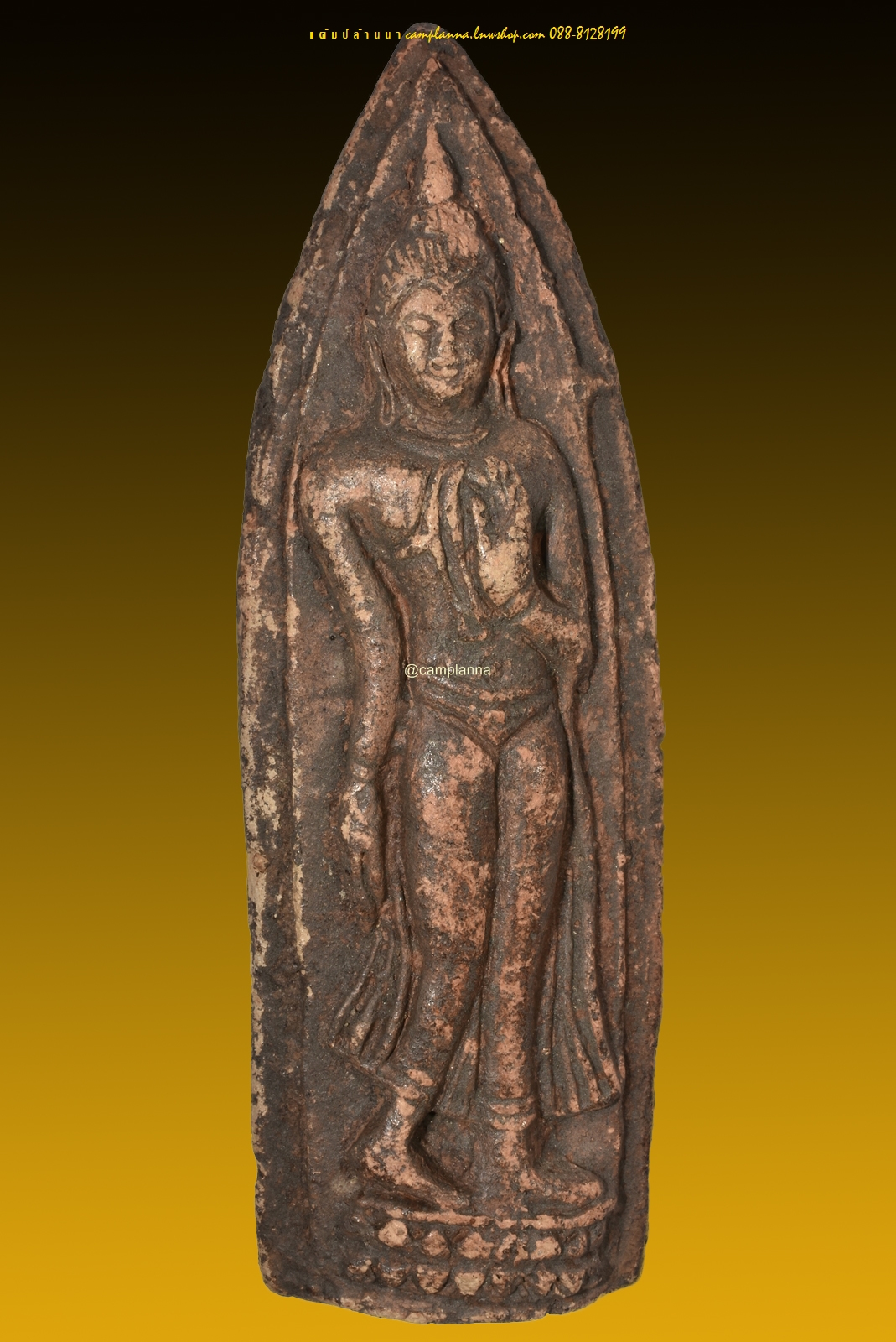 พระร่วงลีลาฐานบัว2 ชั้น เนื้อดินหลังกาบหมาก 2.5x8.5 cm สุโขทัย เก่าเก็บจากกรุ
