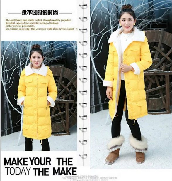 PreOrderคนอ้วน - เสื้อกันหนาวแฟชั่น ตัวยาว ผ้าร่ม บุนวม และขนสัตว์คอ ข้อมือ กระดุม Hood ถอดได้ สี : เหลือง / ดำ