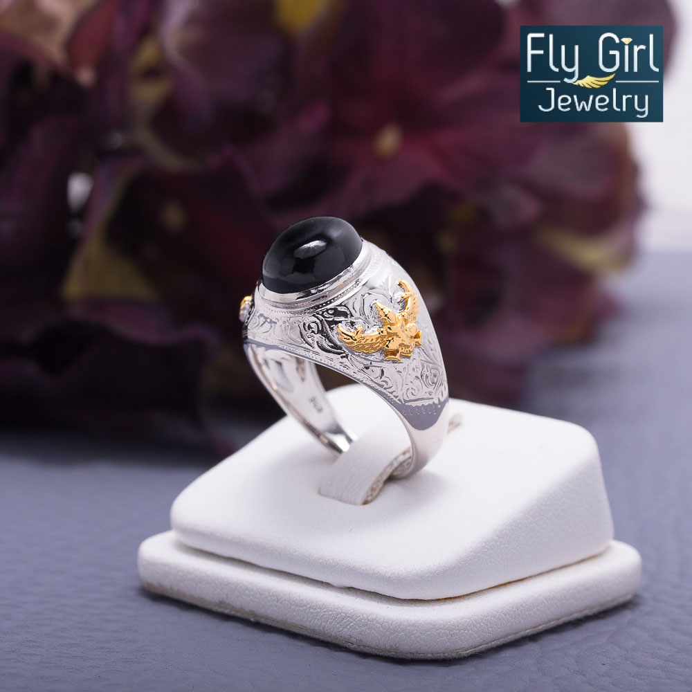 แหวนครุฑเงินแท้หัวนิลแท้ แหวนวันเสาร์ ช่วยปกป้องคุ้มครอง เสริมตำแหน่ง