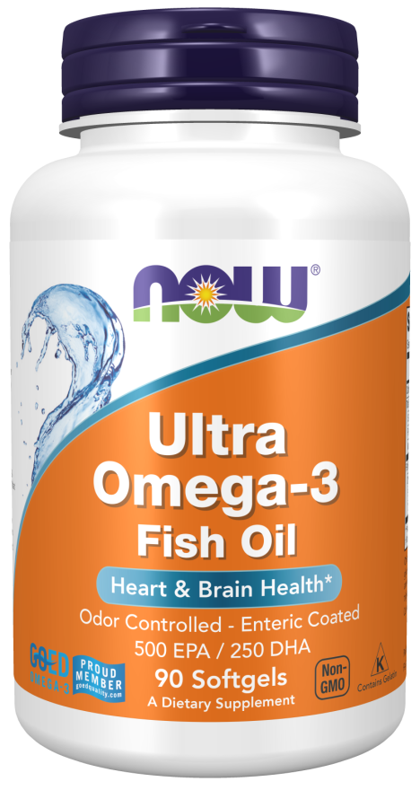 NOW Ultra Omega-3 Fish Oil (Bovine Gelatin) 180 Softgels * Heart & Brain Health * น้ำมันปลาความเข้มข้นสูง EPA 500mg DHA 250mg ช่วยป้องกันโรคหัวใจและหลอดเลือด ข้ออักเสบ ไตรกลีเซอรายสูง สูบบุหรี่จัด(Exp 09/28)