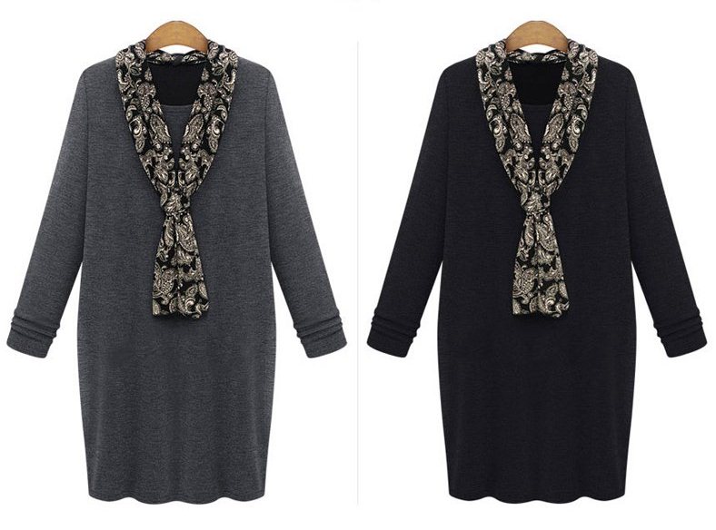 PreOrderคนอ้วน - เสื้อกันหนาวแฟชั่น ไซส์ใหญ่ คนอ้วน เสื้อยืดกันหนาวตัวยาว พร้อมผ้าพันคอ ใส่ซับด้านใน สี : ดำ / เทา