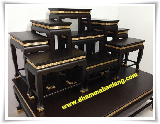 โต๊ะหมู่บูชา หมู่ 9 หน้า 8 แถบทอง ไม้เบญจพรรณ ขาสิงห์ สีโอ๊คด้าน