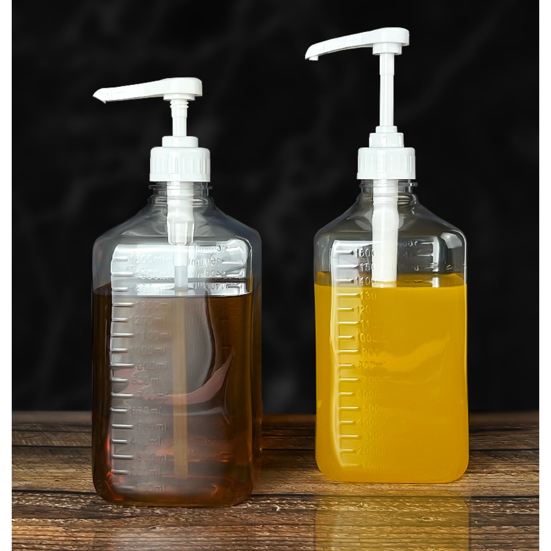 ขวดปั้มน้ำเชื่อม PET ขนาด 1.6 ลิตร พร้อม หัวบีบปากสั้น 10CC รหัส 2887