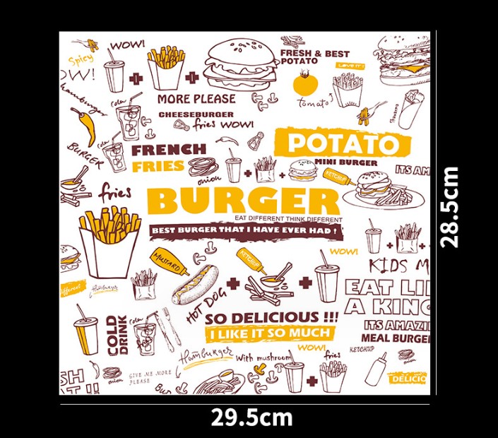 กระดาษเคลือบกันไขมัน (grease-proof paper) พิมพ์ลาย สำหรับห่อแฮมเบอร์เกอร์ (แพ็ค 100 แผ่น)