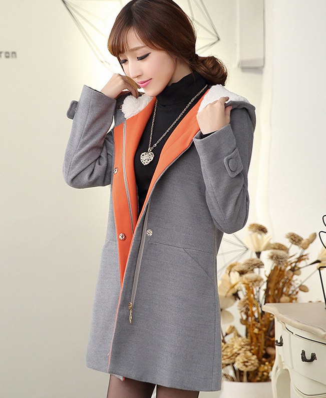 PreOrderเสื้อผ้าคนอ้วน - เสื้อโค้ทกันหนาวไซส์ใหญ่ มีHood ผ้าวูลขนสัตว์ (ใส่ได้ด้านเดียว) สี : เทา / ส้ม