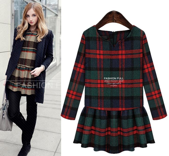 PreOrderไซส์ใหญ่ - เสื้อกันหนาวแฟชั่น ไซส์ใหญ่ ตัวยาวเป็นกระโปรง ลายสก๊อต สี : เขียว / กากี