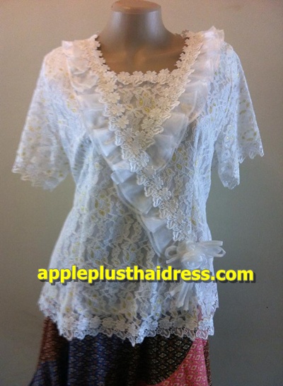 LS17 เสื้อลูกไม้แขนสั้นคอระบาย รอบอก 42-44 นิ้ว