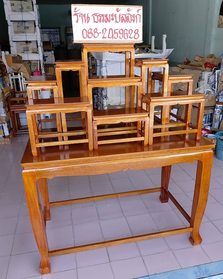 โต๊ะหมู่บูชา 9 หน้า 6 แบบเรียบ สีเหลืองทอง ฐานขาสูง 70ซม.