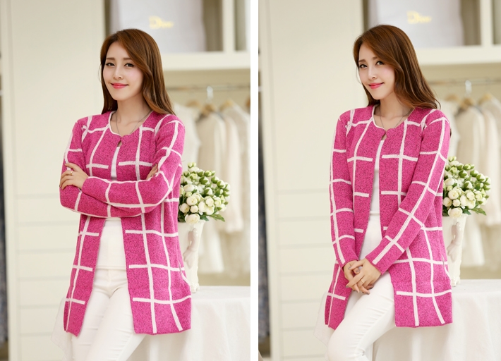 Pre Order - เสื้อกันหนาวแฟชั่นเกาหลี เวตเตอร์แขนยาวลายตารางหมากรุก สี : สีม่วง / สีกุหลาบ / สีเทา / สีเหลือง