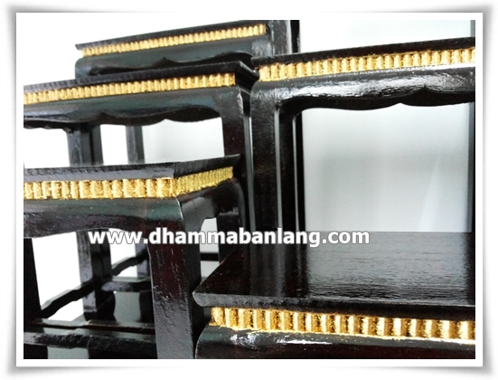 โต๊ะหมู่บูชา หมู่ 9 หน้า 6 แกะคอปิดทอง ไม้ทุเรียน ขาตรง สีโอ๊ค