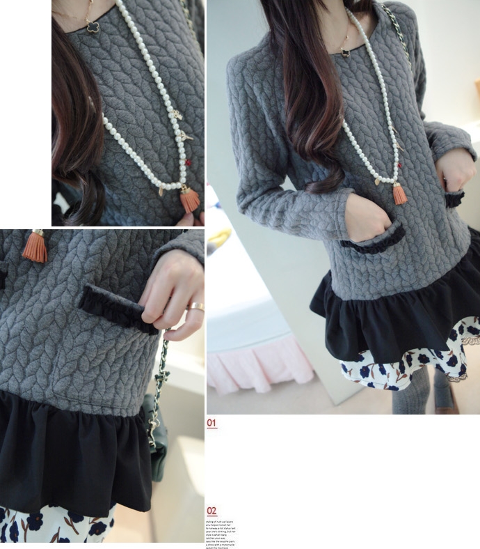 Pre Order - เสื้อกันหนาวแฟชั่นเกาหลี กระเป๋าหน้าสองข้าง ชายเสื้อทำเป็นกระโปรงเย็บติดกัน : สีขาว / สีเทา / สีดำ