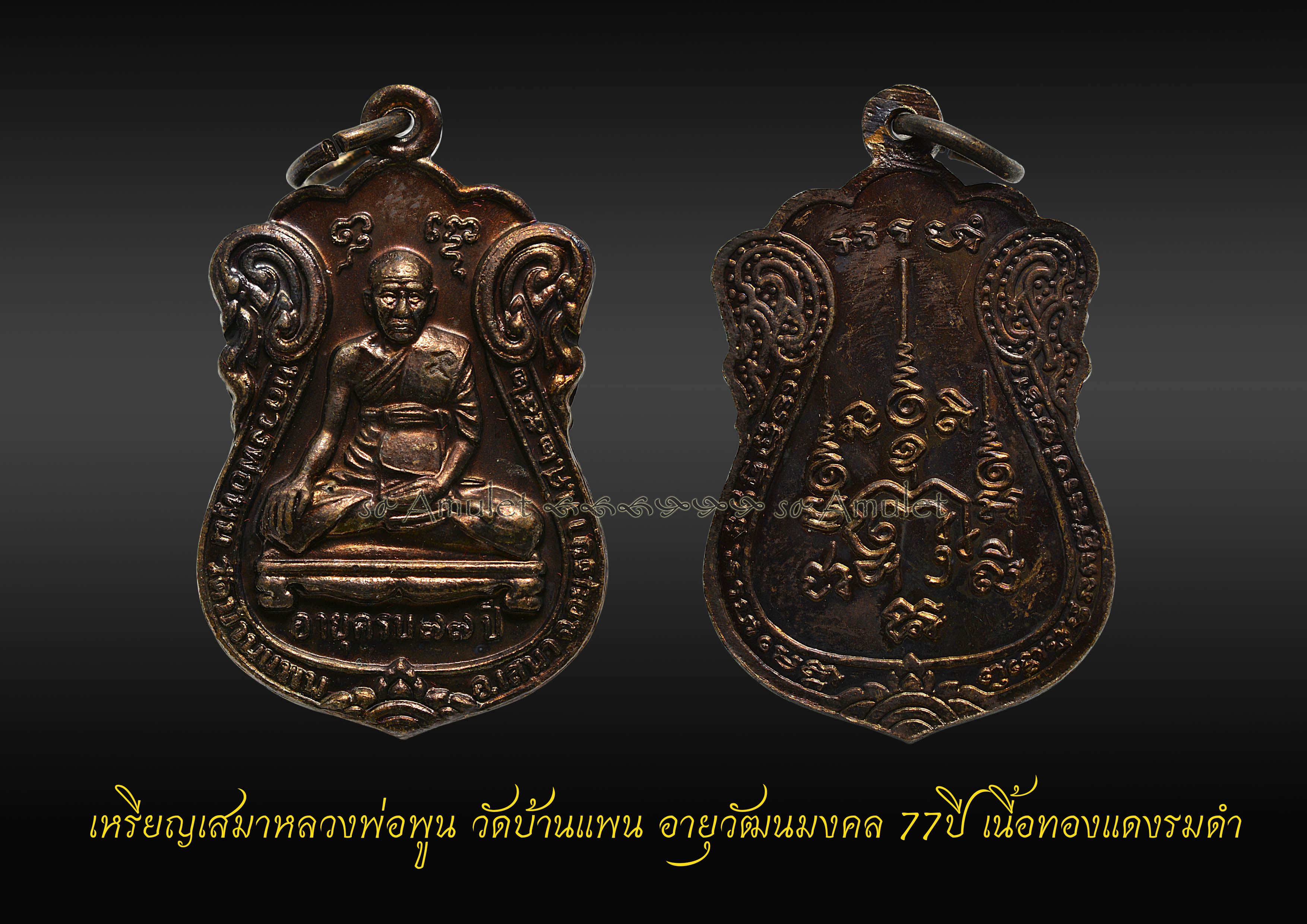 เหรียญเสมาหลวงพ่อพูน วัดบ้านแพน อายุวัฒนมงคล 77 ปี เนื้อทองแดงรมดำ