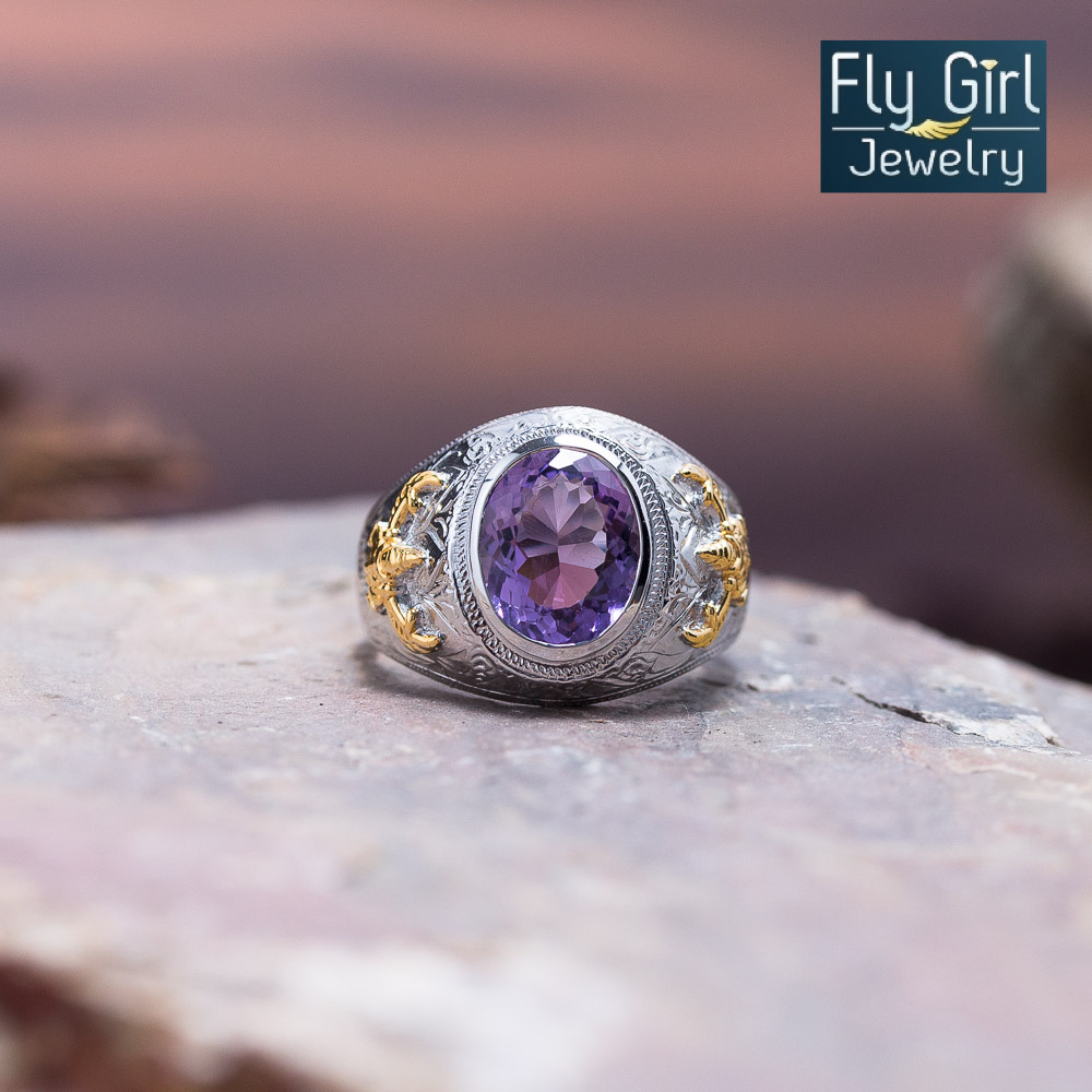 แหวนครุฑเงินแท้ พลอยอเมทิสต์แท้ เสริมดวงราศีกุมภ์ เสริมตำแหน่ง