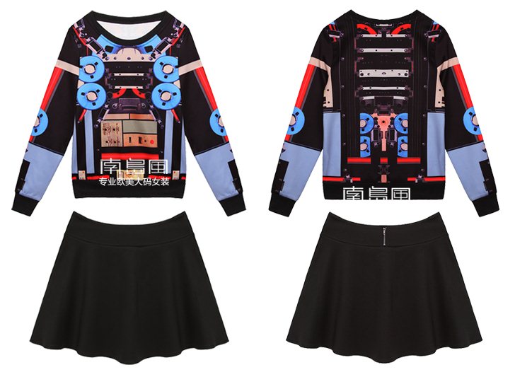 PreOrderคนอ้วน - เซตคู่กันหนาวแฟชั่น ไซส์ใหญ่ คนอ้วน เสื้อยืดคอกลม ผ้าโพลิเอสเตอร์พิมพืลาย + กระโปรงสั้นสีดำ