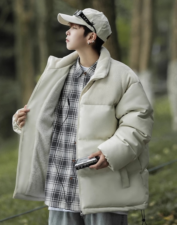 M2324-0013 เสื้อกันหนาวชายไซส์ใหญ่ บุนวม เป็นหนังPU ข้างในบุขน