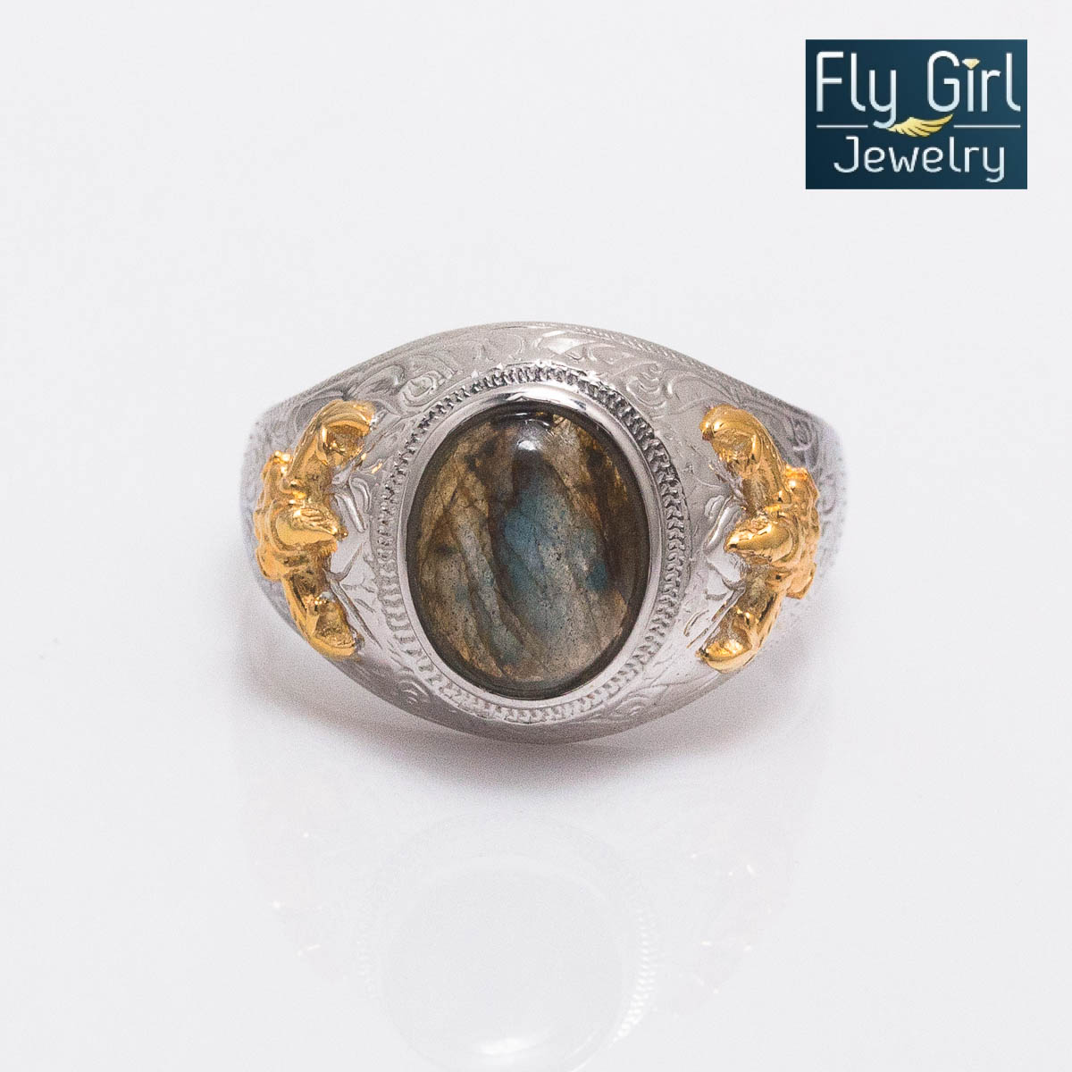 แหวนครุฑ เงินแท้ประดับพลอยลาบราโดไลต์แท้(ราศีตุลย์) ช่วยปกป้องคุ้มครองใส่เสริมดวง